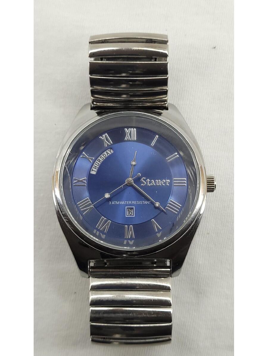 Stauer Mens Blue Dial Roman Numeral Day Date Watch Japan Movement Stretch Band